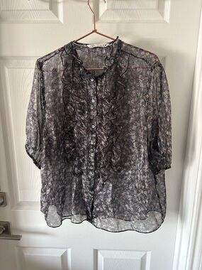 Zara Floral Ruffle Sheer Blouse Size XL
